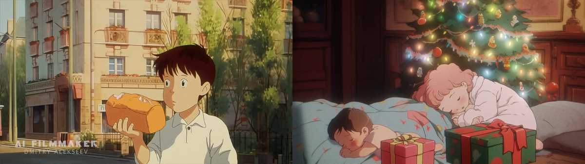 Кадры из наших совместных с Дмитрием проектов: "Childhood Memories: Ghibli Studio AI-animation Tribute" и "Memories of Winter Holidays"