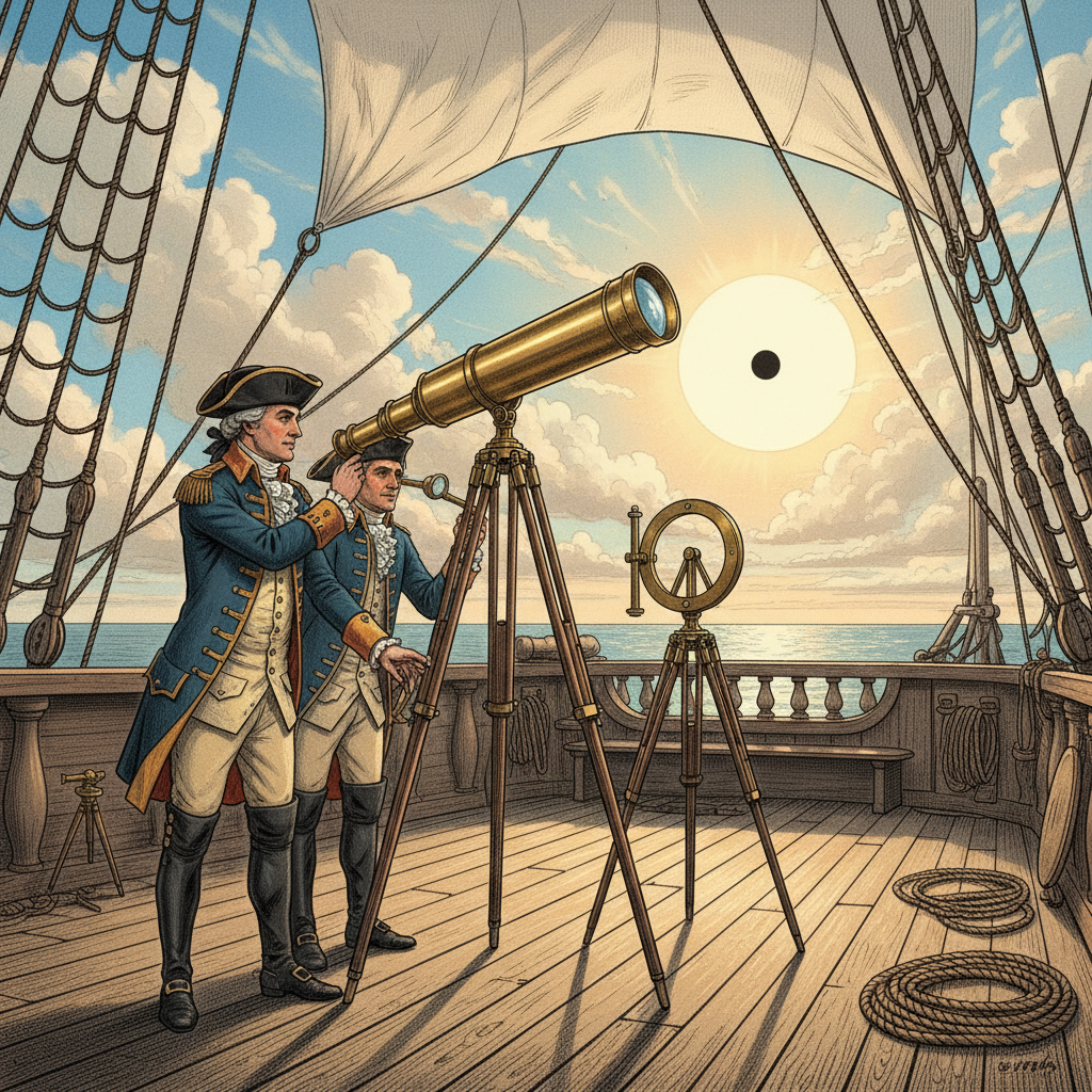 Капитан корабля с помощником готовятся наблюдать редкое астрономическое явление. Помощник забыл про темные стекла, без которых смотреть на солнце опасно. И, очень похоже, что их внимание отвлекли русалки.