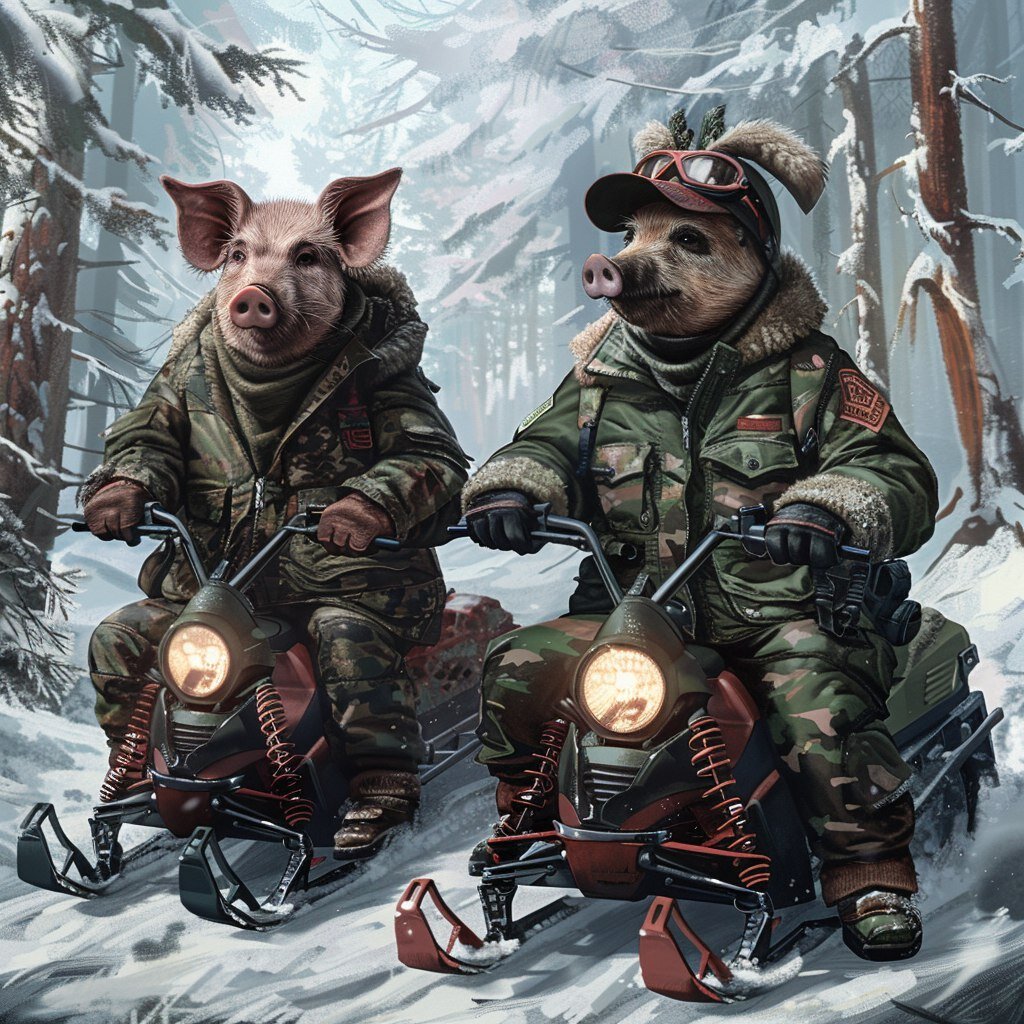 Хрюшки на снегокатах. Нейросеть Midjourney.