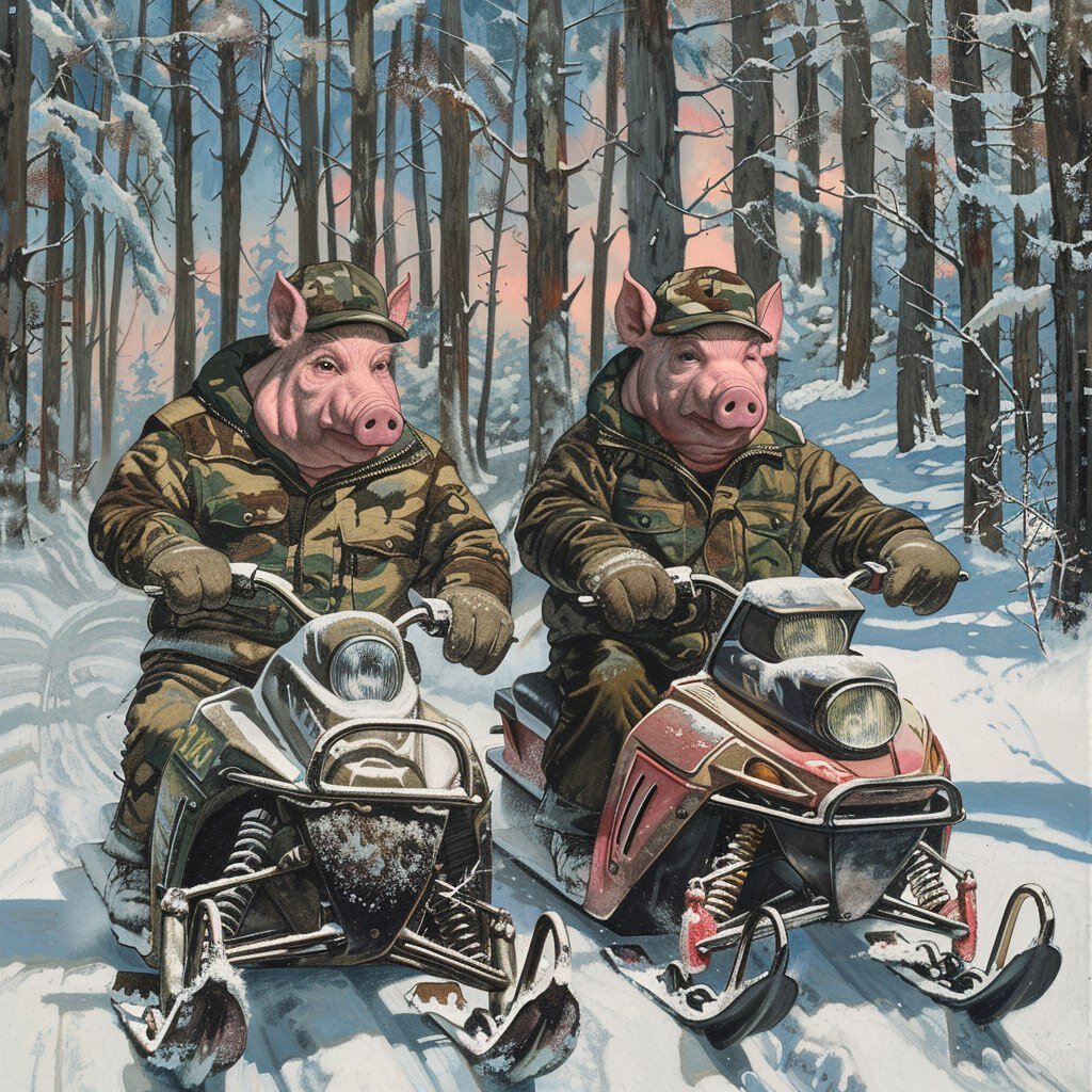 Хрюшки на снегокатах. Нейросеть Midjourney.