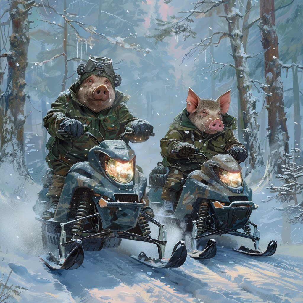 Хрюшки на снегокатах. Нейросеть Midjourney.