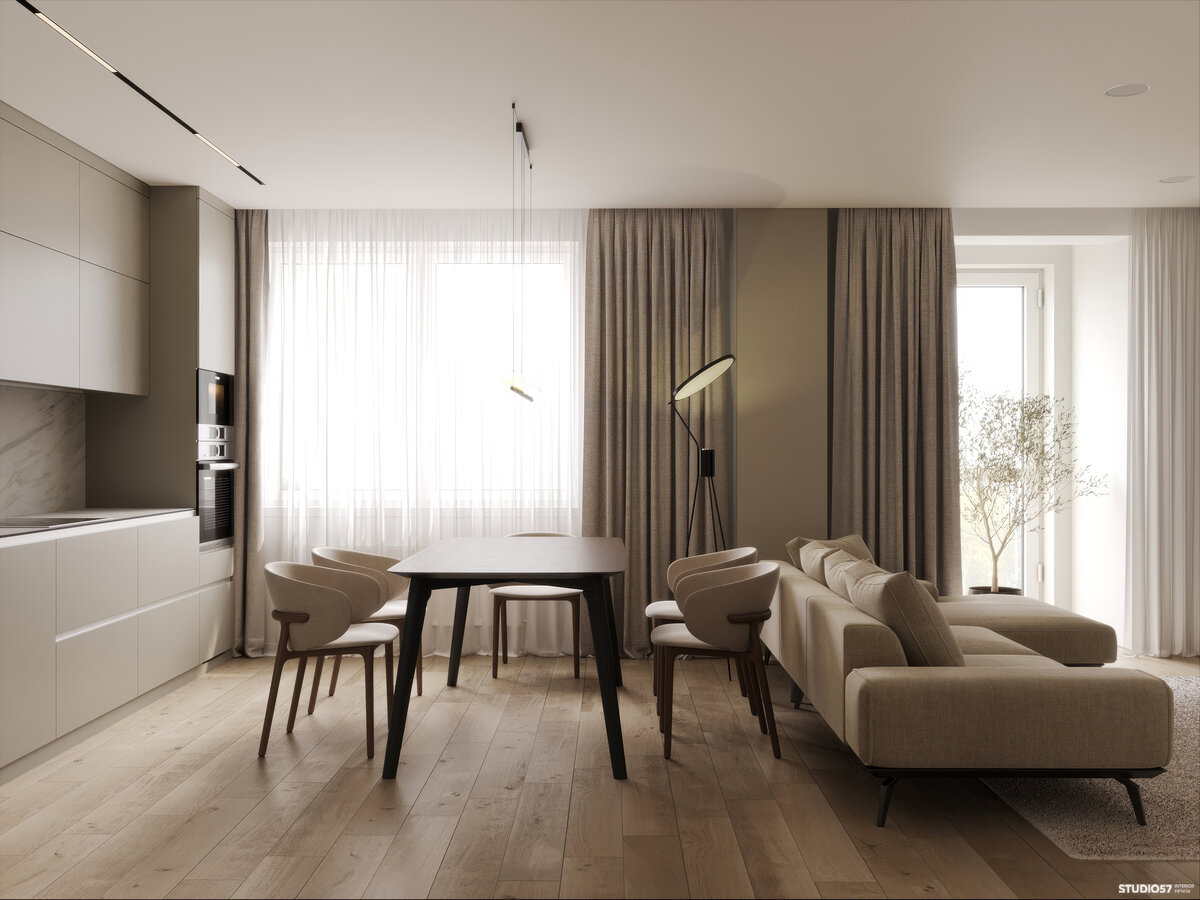 Кухня-гостиная, выполненная в теплых бежевых тонах 