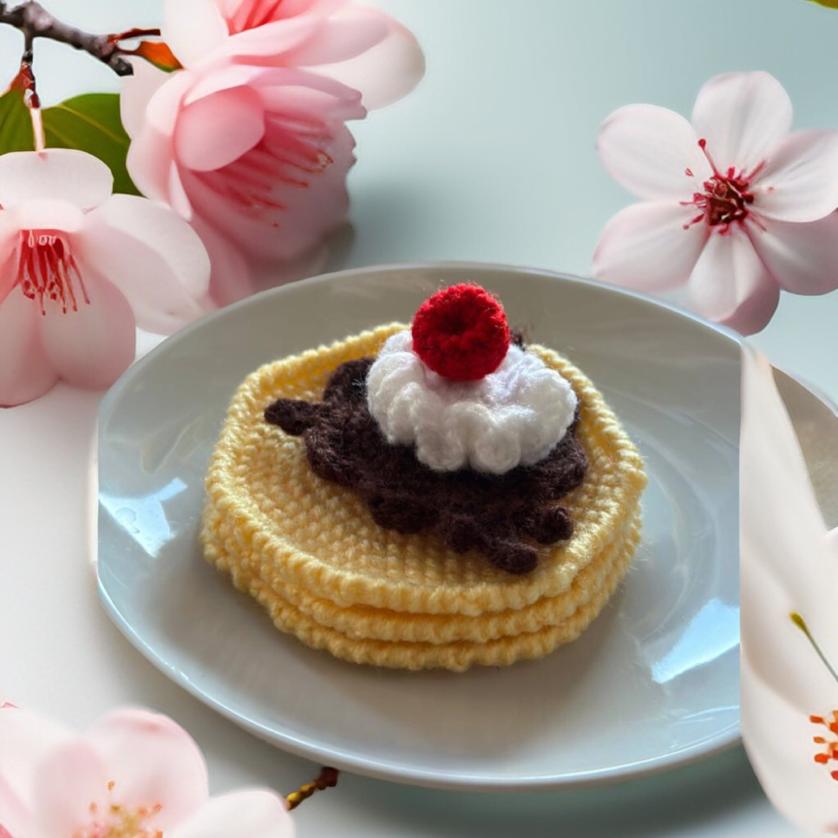 Вязаные блинчики с шоколадным топпингом, взбитыми сливками и малиной