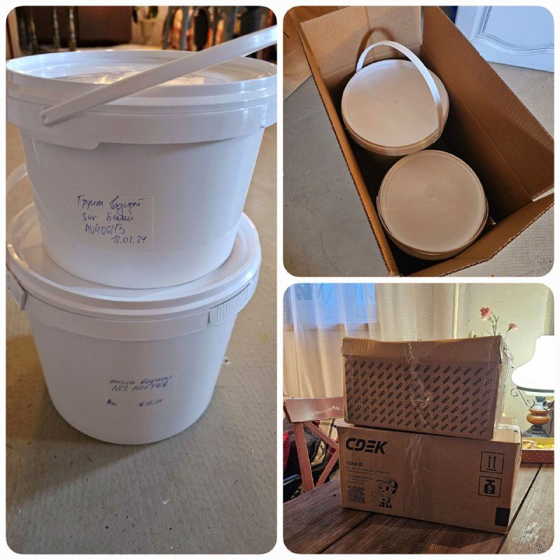 Мои банки с краской и грунтом. Поставщик колерует и разливает нужный объем краски в обычные пластиковые банки, но это не суть важно. Главное для меня качество краски. 