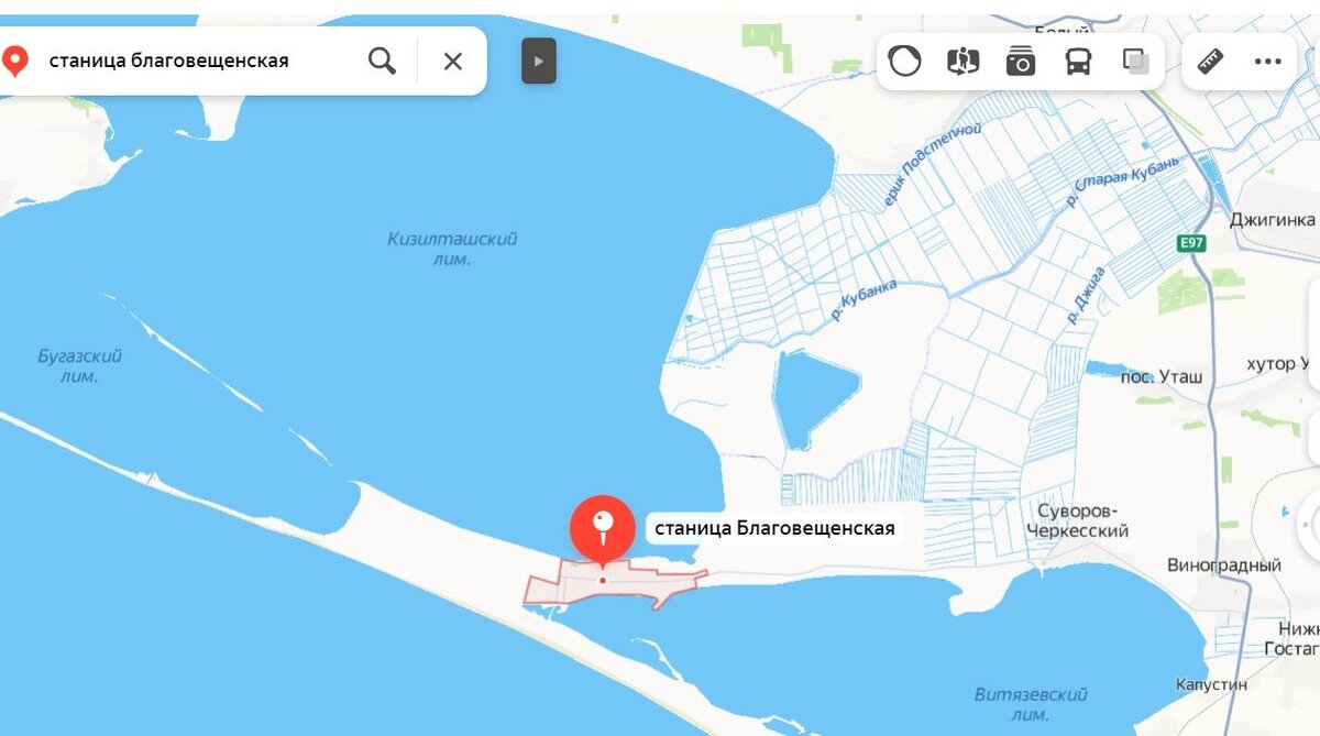 Яндекс-карты отвечают на вопрос "где находится станица Благовещенская"