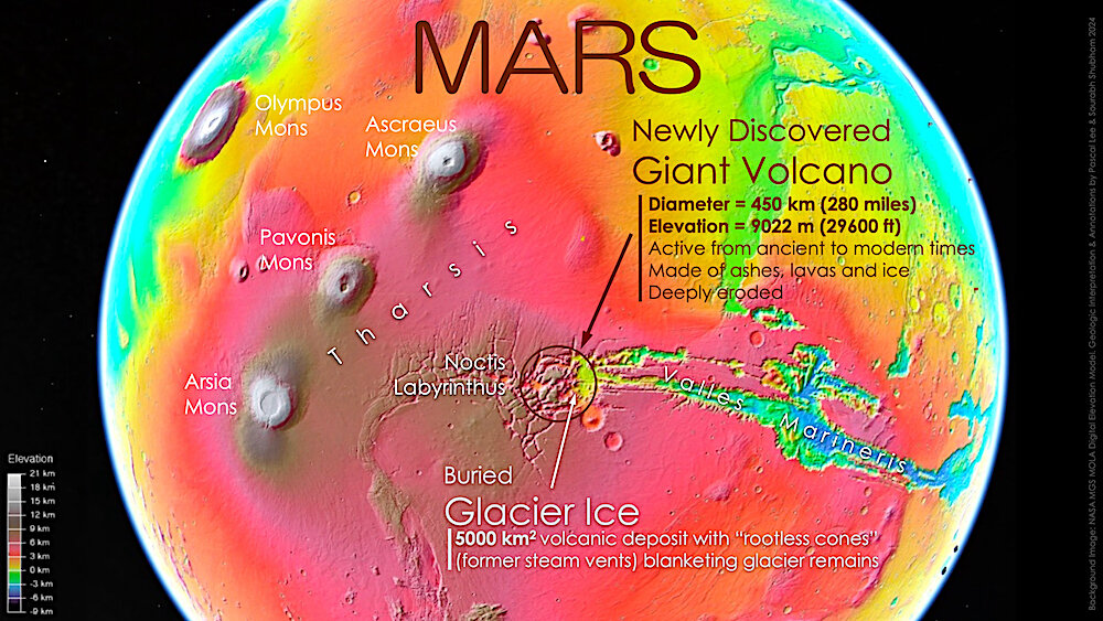 Топографическая карта, показывающая расположение «вулкана Ноктис» между крупнейшими вулканами и каньонами Марса. Источник:  📷

