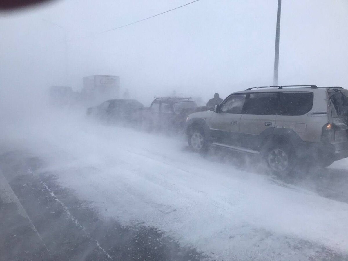 Пробка из машин, попавших в массовое ДТП из-за плохой видимости. Фото: УГИБДД по Камчатскому краю.