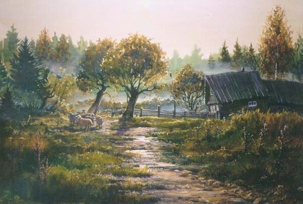 Утро в деревне. Акварель, белила. 35 х 45 см. 1993г.