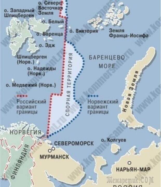 Примерно так выгляделя морская граница СССР и Норвегии в "Сталинской редакции". На самом деле по принципу "Меридионального разграничения", без учёта шельфов и островов. Длительное время такое деление считалось справедливым. Листайте вправо, что бы увидеть текущую ситуацию.