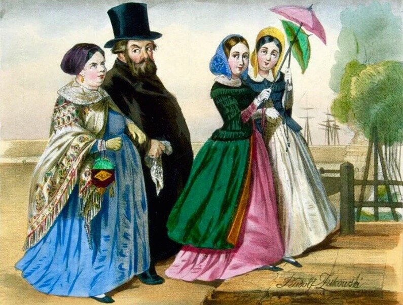 Купеческое семейство на прогулке. Р. К. Жуковский. Работа 19 столетия. 
