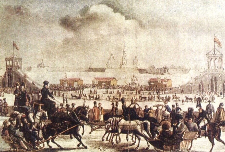 Катальные горы на большой неве. Художник Н. Серракаприола. 1817 год.
