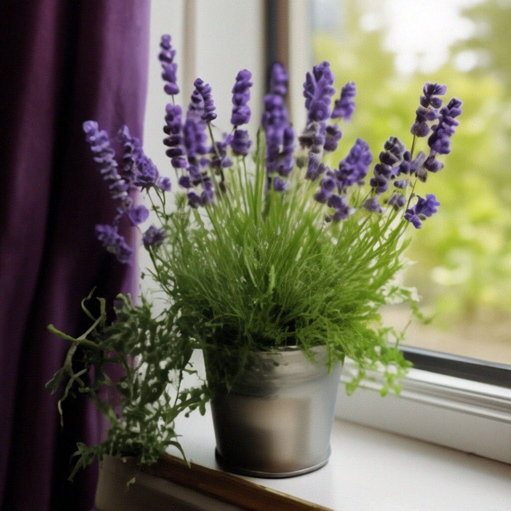 Лаванда в горшке на подоконнике 
