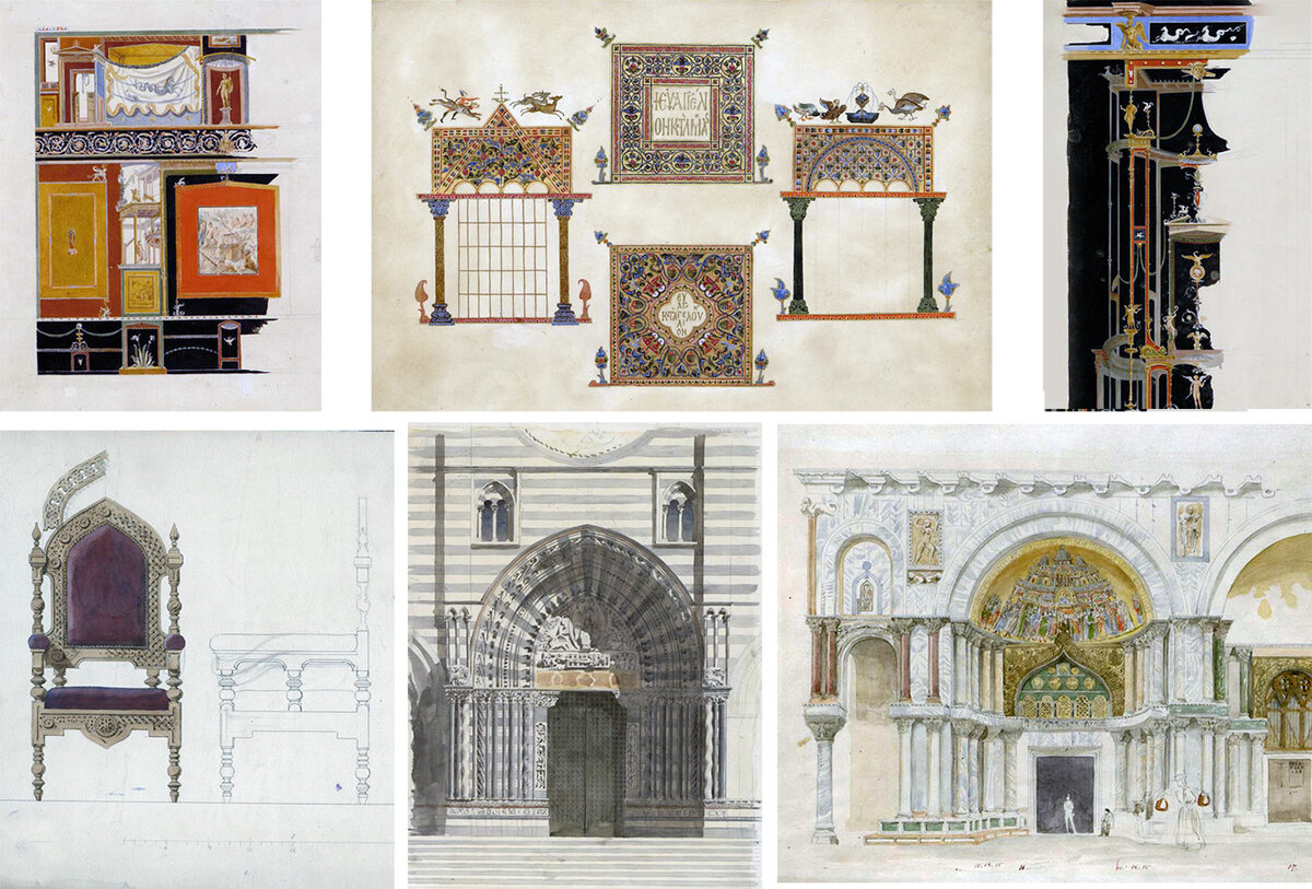 Фрески Помпеи, рисунки из парижской библиотеки, проект кресла, портал  собора сан Лоренцо в Генуе, интерьер церкви.