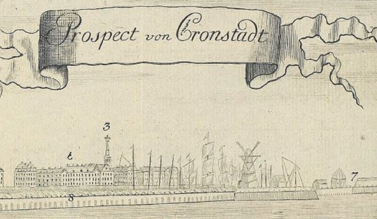 Фрагмент панорамы Кронштадта 1738 года. Цифрой 3 обозначена Богоявленская церковь