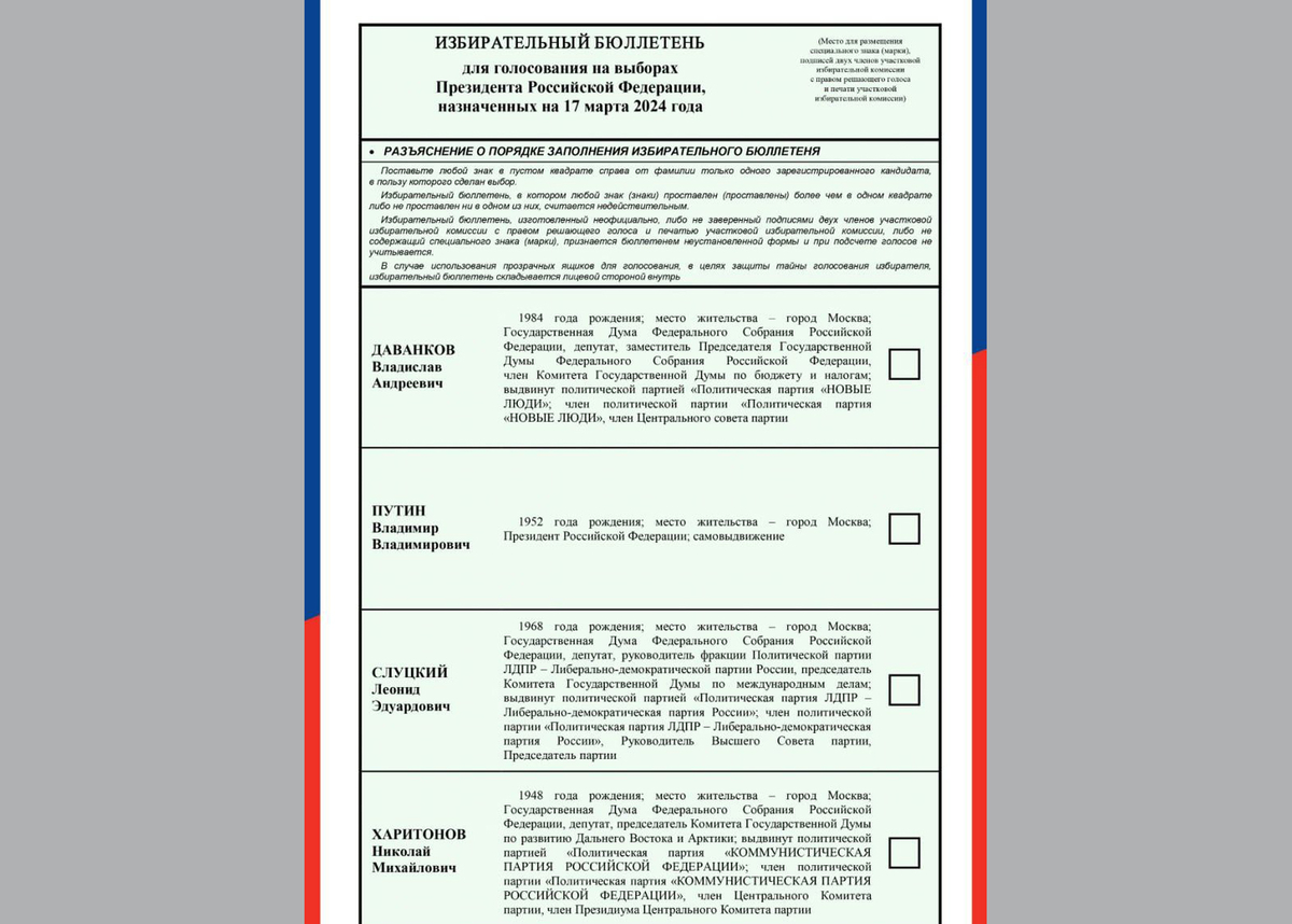 Бюллетень для голосования на выборах президента 2024, есть или нет графа  «против всех» | Известия | Дзен