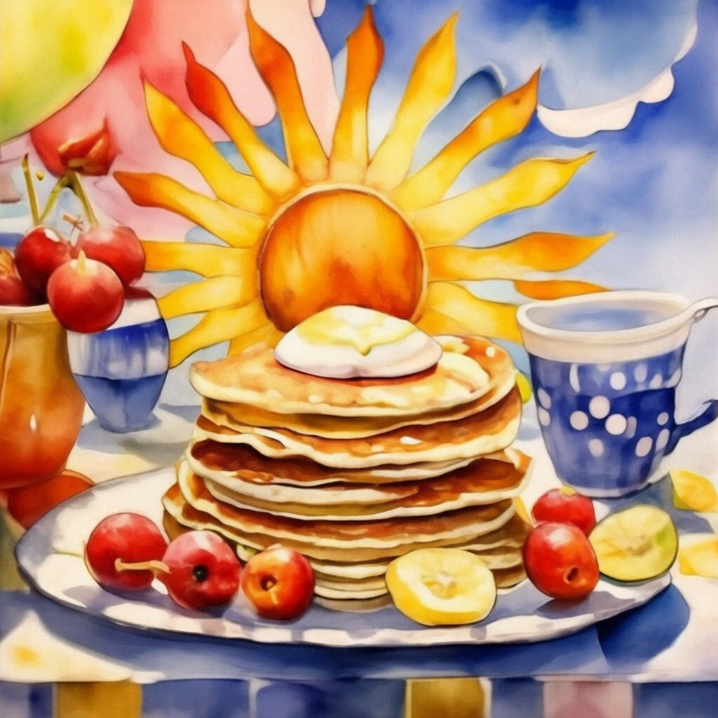 масленица, солнце, блины 
натюрморт, акварель, открытка