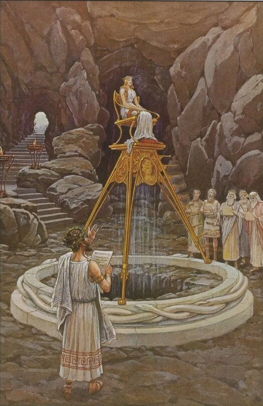 Дельфийская пифия на треножнике из желтой меди. Изображение из сети