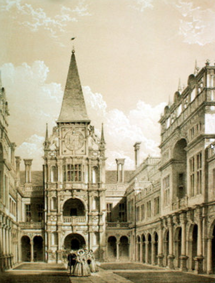 Двор Берли-хауса, нарисованный Джозефом Нэшем в XIX веке, но с фигурами в елизаветинских костюмах. Открытый источник