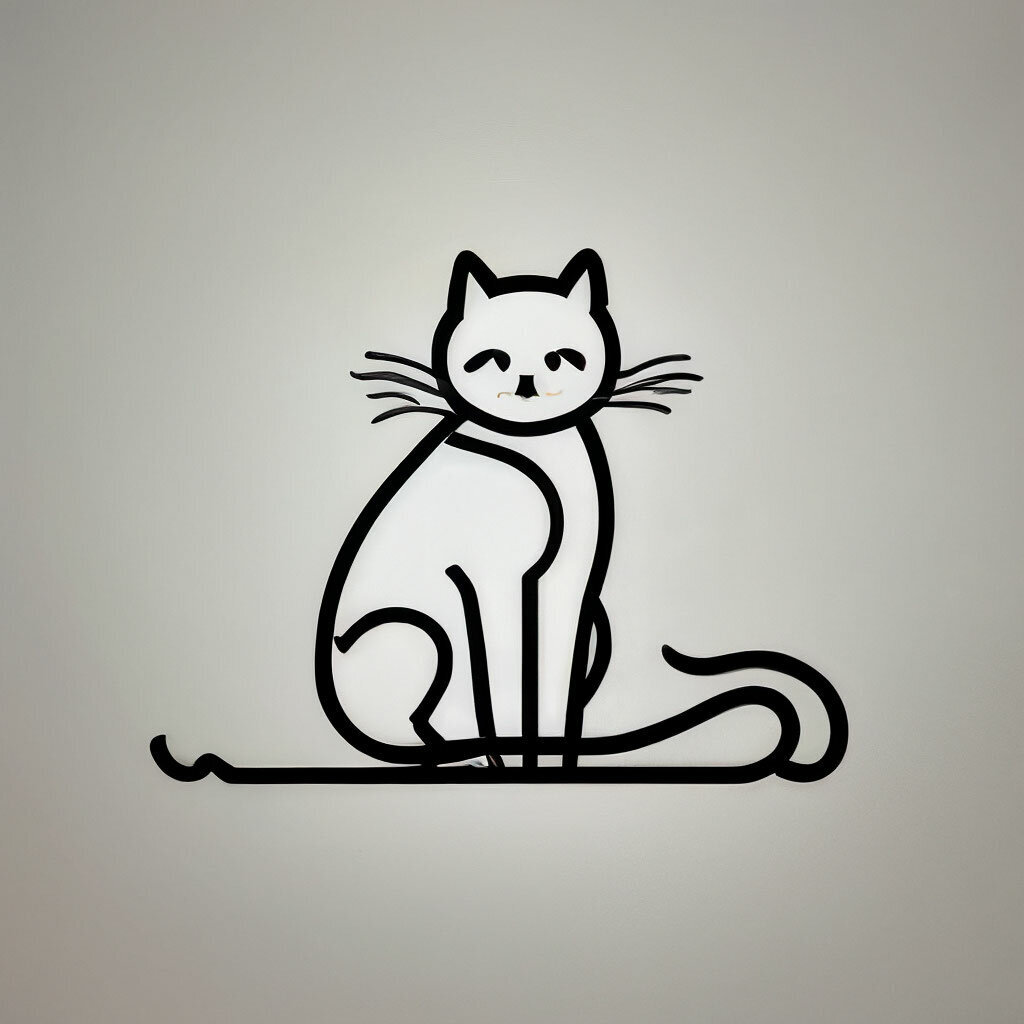 одна! черная тонкая изящная линия! на белом фоне в форме белого кота 
line art, форма объекта выражена линией, контурный рисунок, детские каракули, набросок , минимализм, контур, силуэт, белый фон