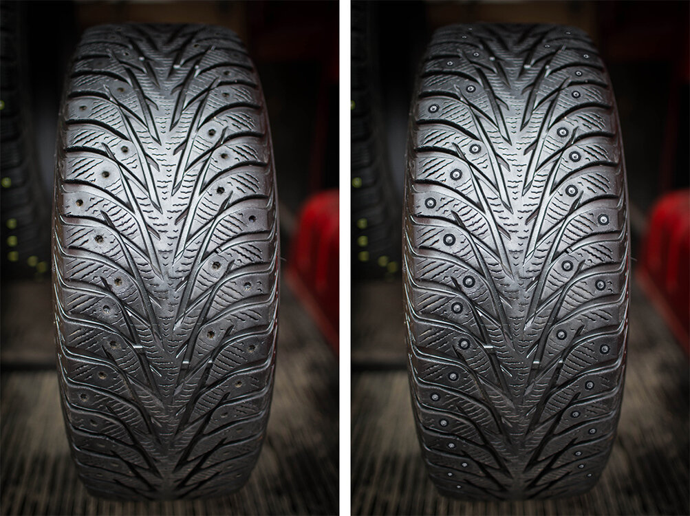 Шины до и после ошиповки ремонтными шипами Теком
