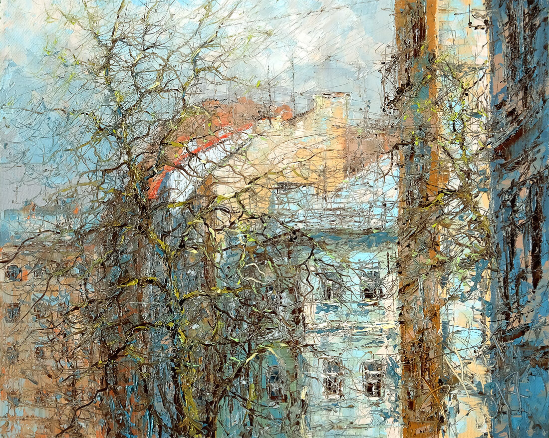 Дмитрий Кустанович. Весенние деревья и крыши Петербурга, 40х50 см, 2017
