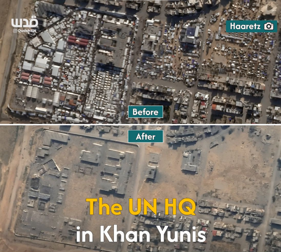 Спутниковые снимки показывают масштабные разрушения, нанесенные израильской армией штаб-квартире ООН в Хан-Юнисе в секторе Газа. 