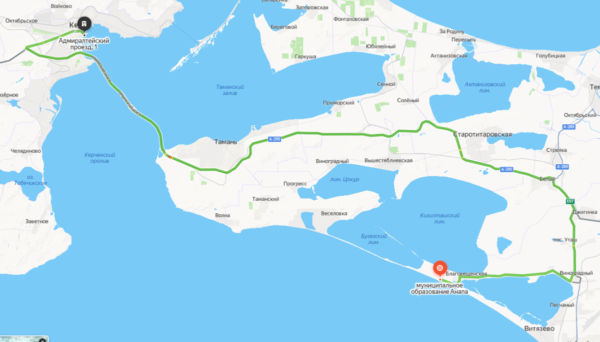 Маршрут Благовещенская - Керчь. Информация из сервиса Яндекс Карты