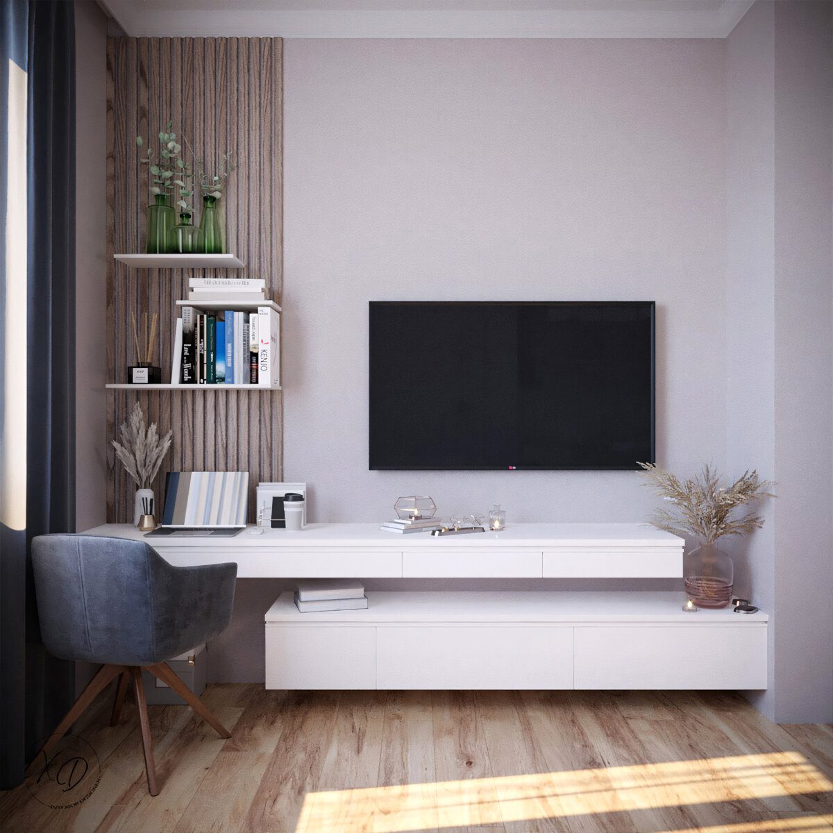 Сочетание деревянных реек с окрашенной стеной: за счет этого визуально создается зонирование ТВ-тумбы с телевизором (зона для отдыха) с рабочим местом - с одной стороны две зоны разграничены между собой, но при этом, за счет общего элемента - ТВ-полка-рабочий стол - объединяется в одну дизайн-историю.