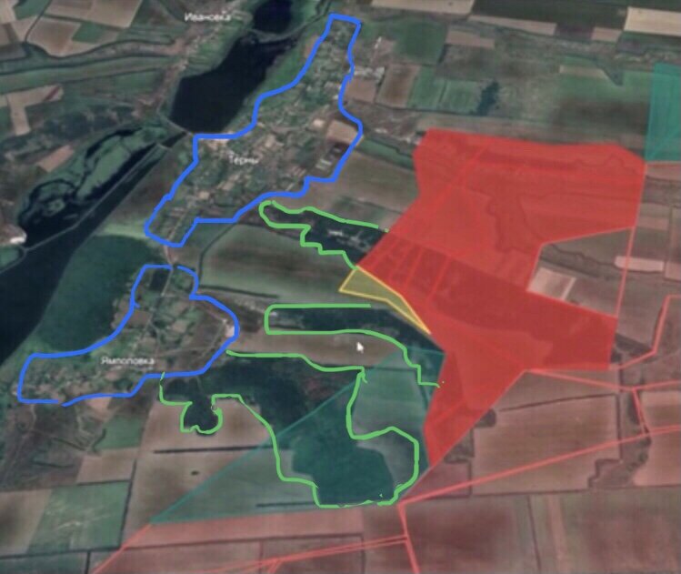 Синим контуром: внизу -Ямполовка, вверху - Терны. Зелёным контуром - лесные участки. Желтый окрас- продвижение российских подразделений 
