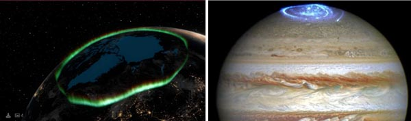 слева Земля со спутника; справа Юпитер
