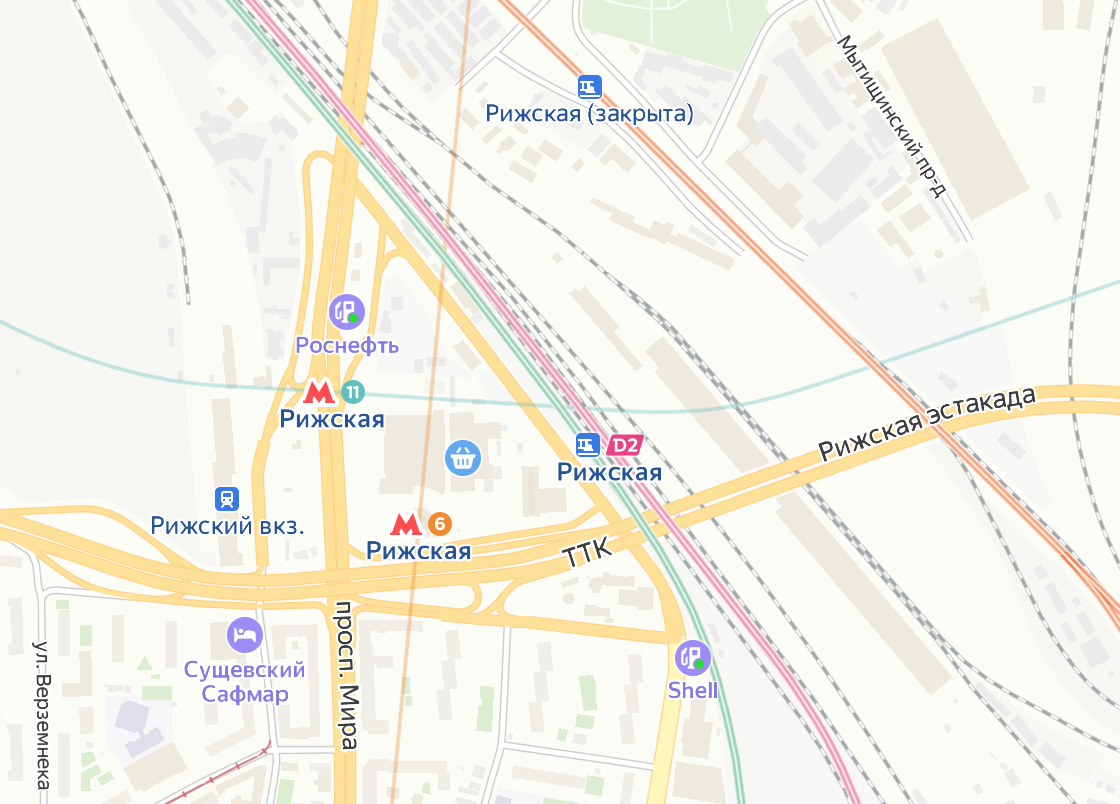 Платформа Рижская (бывшая Ржевская) на карте современной Москвы. Яндекс.Карты.
