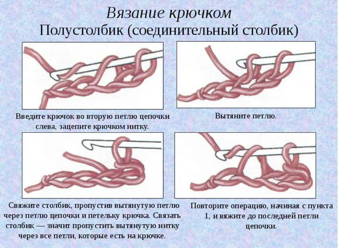 Как вязать без схем. Полустолбик соединительный столбик крючком. Соединительная петля без накида крючком. Вязание крючком петли полустолбик. Как вяжется соединительный столбик с накидом крючком.