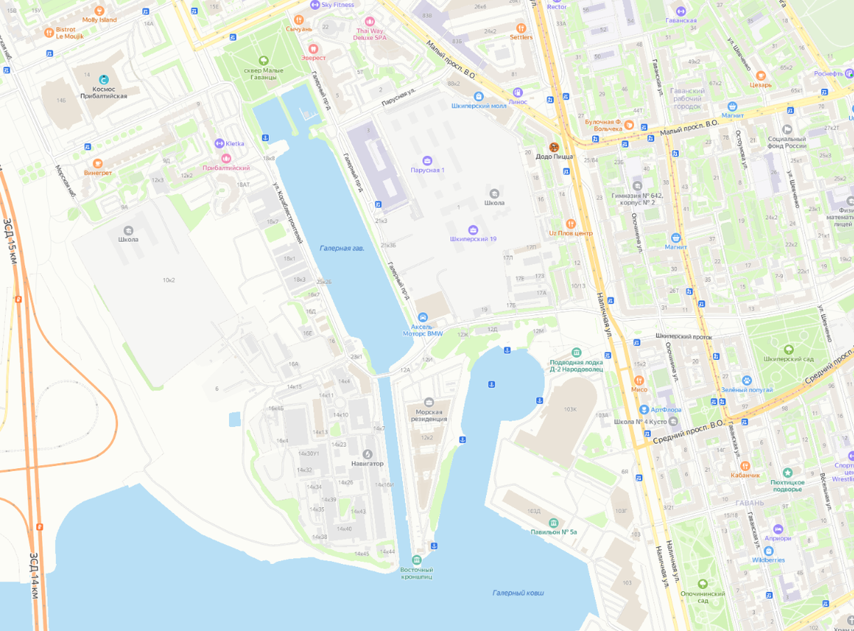 Галерная гавань на современной карте Санкт-Петербурга