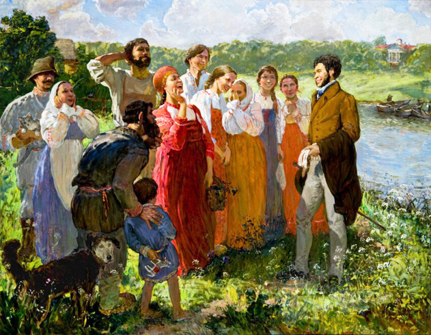 Пушкин с крестьянками в Михайловском 