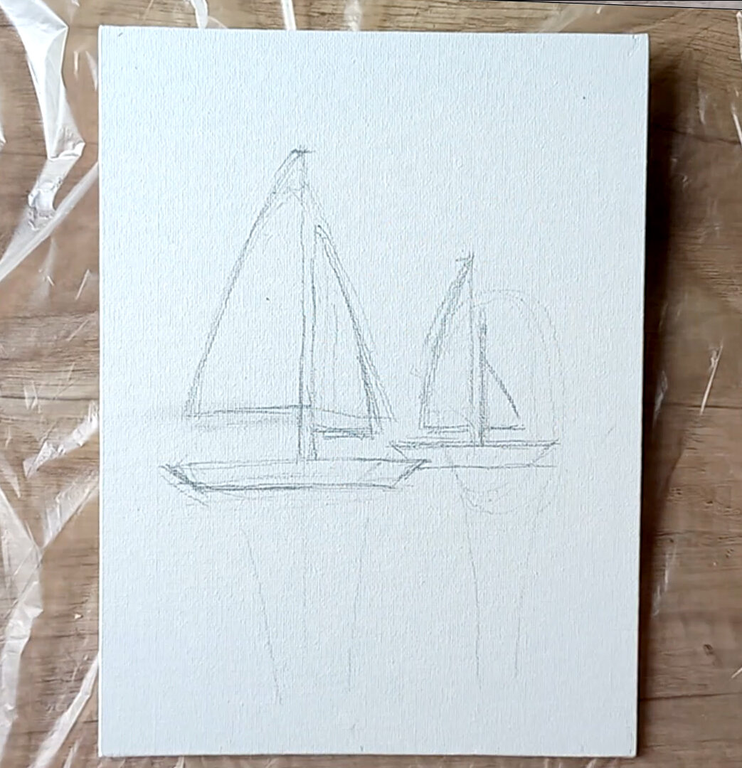 Намечаю основные большие формы: два корабля и оставляю место для отражения