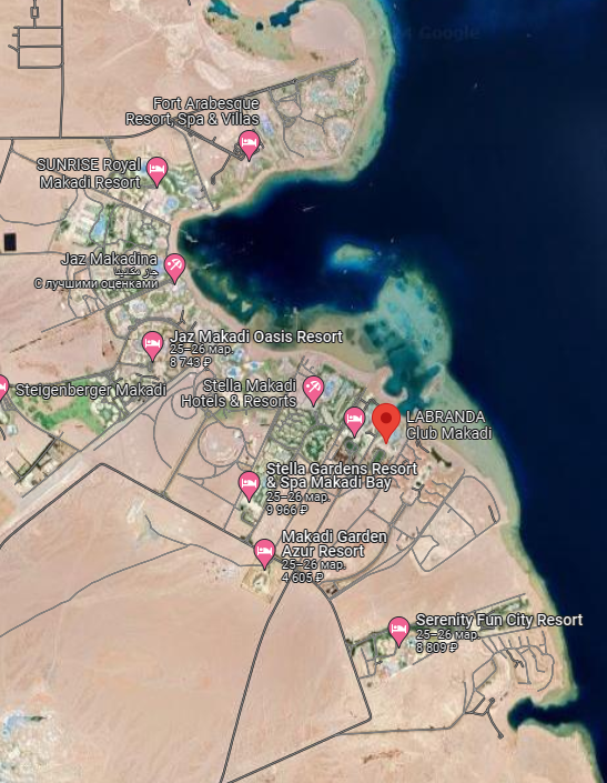 Макади. Отель (Labranda Club Makadi) выделен красной геометкой.
