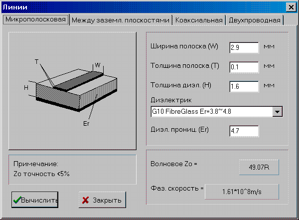 Расчет волнового сопротивления микрополосковой линии