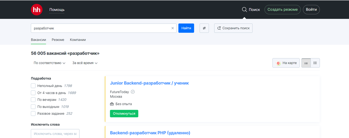 статистика по вакансии разработчик на hh ru 