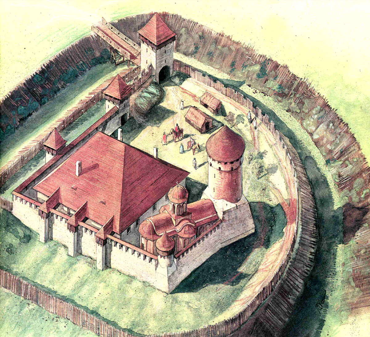 Так выглядел княжеский двор Дракулы, где был устроен пир (Рисунок румынского художника Раду Олтяна)