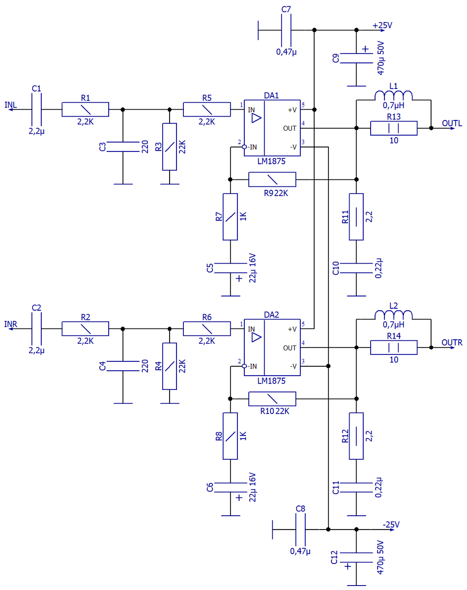 Схема электрическая принципиальная УНЧ LM1875 2×20 Вт
