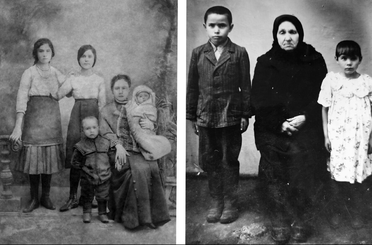 Фото слева: Ульяна Филипповна (крайняя справа) с дочерью на руках и сыном, 1912 г. Фото справа:  Ульяна Филипповна с внуками. Год неизвестен