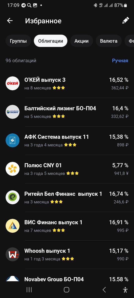 Портфель автора (покажу некоторые. Отбирал 96 облигаций на свой вкус)