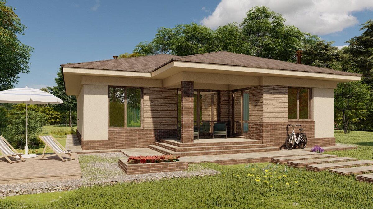 Оштукатуренные стены со вставками деревянного планкена (или плитки), каменный разновысокий цоколь и колонны, и простая четырехскатная крыша делают дом внешне привлекательным.