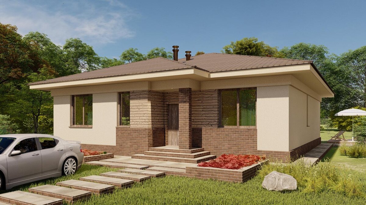 Оштукатуренные стены со вставками деревянного планкена (или плитки), каменный разновысокий цоколь и колонны, и простая четырехскатная крыша делают дом внешне привлекательным.