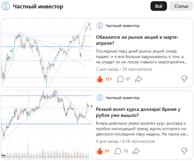 Скриншот канала "Частный инвестор" из моих подписок на Дзене