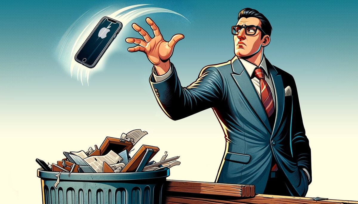 Чиновник выбрасывает iPhone. Авторские права на иллюстрацию принадлежат медиагруппе "Хакнем" и защищены товарным знаком ®️