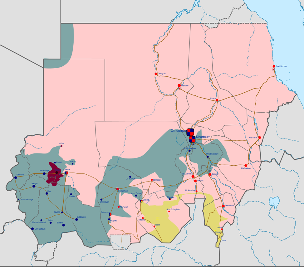 Розовым цветом обозначены территории, контролируемые правительством аль-Бурхана, серым -RSF, жёлтым - НОДС-Н, малиновым - ОДС (ан-Нур)