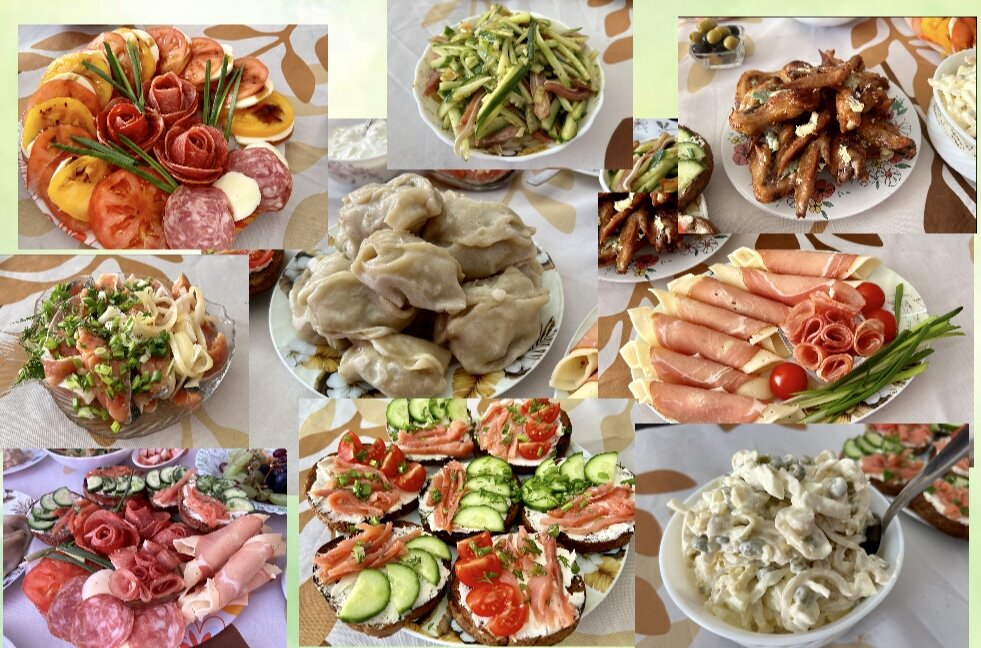 Фото коллаж автора. Встречаю гостей на празднование день рождения мужа: меню праздничного стола, показываю что приготовила.