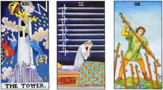 На вопрос "Как ведет себя человек в ситуации?" вышли Башня, 9 мечей и 7 жезлов. Что-то шокировало задуманную личность до такой степени, что вызывало помутнение восприятия. Человек замкнулся в себе, отказывается идти на диалог, даже если это причиняет кому-то боль.