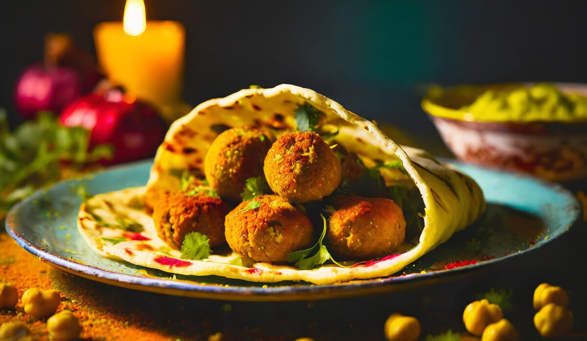 Лепёшка с нутовым фалафелем.